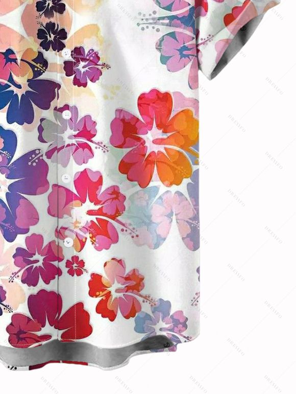 Vacation Couple Outfit Watercolor Hibiscus Print Lace Hollow Out Slit Dress and Shirt Set - Rose clair S | US 4