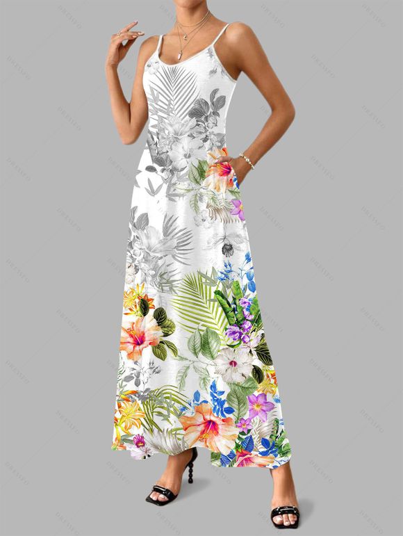Robe hawaïenne à imprimé feuilles d'hibiscus et bretelles spaghetti, robe de vacances longue - Blanc XXXXXL | US 20