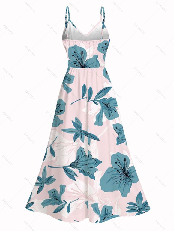 Vacation Couple Outfit Azalea Floral Print Lace Hollow Out Slit Dress and Shirt Set - Rose clair S | US 4