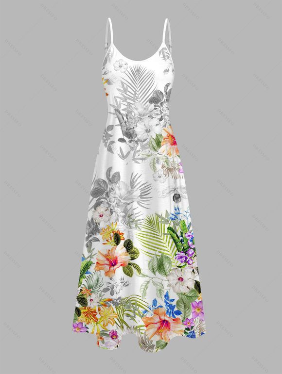 Robe hawaïenne à imprimé feuilles d'hibiscus et bretelles spaghetti, robe de vacances longue - Blanc XXXXXL | US 20