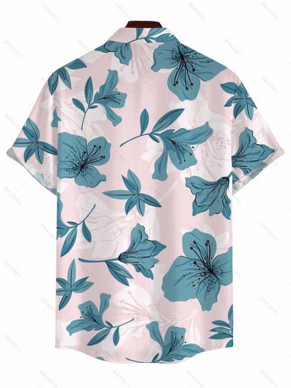 Vacation Couple Outfit Azalea Floral Print Lace Hollow Out Slit Dress and Shirt Set - Rose clair S | US 4