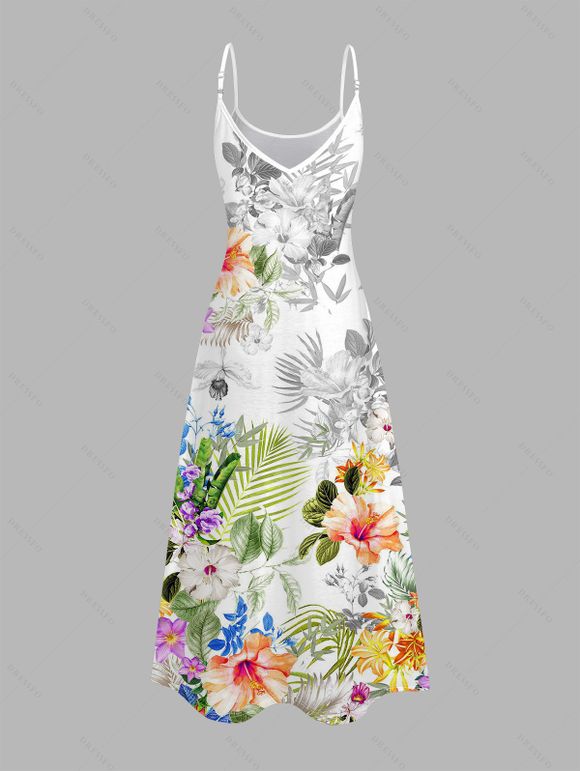 Hawaiian Couple Outfit Hibiscus Leaf Print Spaghetti Strap Long Dress and Shirt Set - Blanc S | US 4
