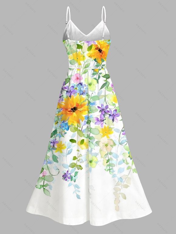 Vacation Couple Outfit Watercolor Wildflower Leaf Print Lace Hollow Out Slit Dress and Shirt Set - Blanc S | US 4