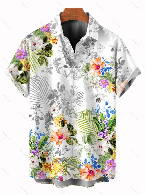 Hawaiian Couple Outfit Hibiscus Leaf Print Spaghetti Strap Long Dress and Shirt Set - Blanc S | US 4