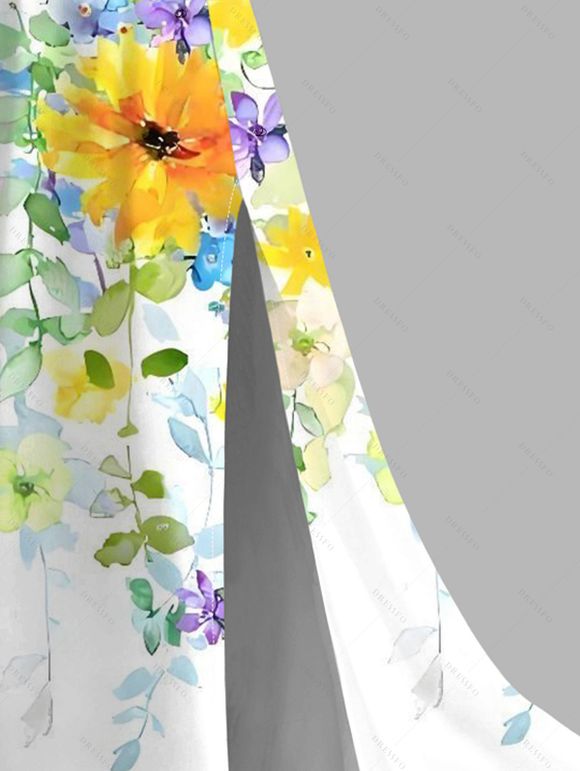 Vacation Couple Outfit Watercolor Wildflower Leaf Print Lace Hollow Out Slit Dress and Shirt Set - Blanc S | US 4