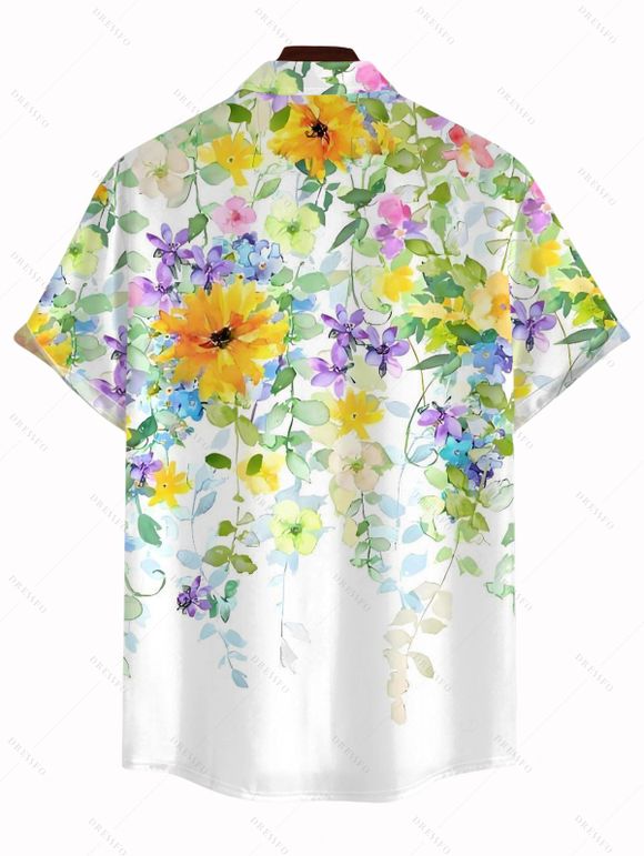 Vacation Couple Outfit Watercolor Wildflower Leaf Print Lace Hollow Out Slit Dress and Shirt Set - Blanc S | US 4