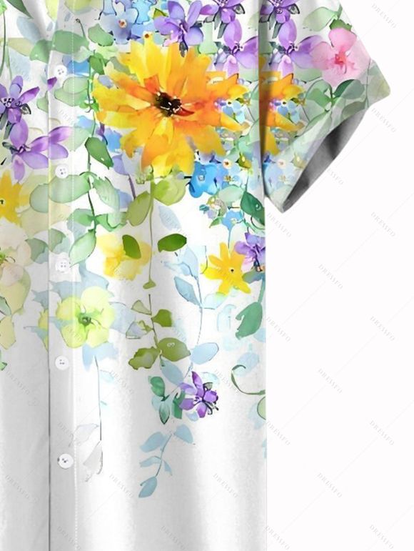 Vacation Couple Outfit Watercolor Wildflower Leaf Print Lace Hollow Out Slit Dress and Shirt Set - Blanc S | US 4