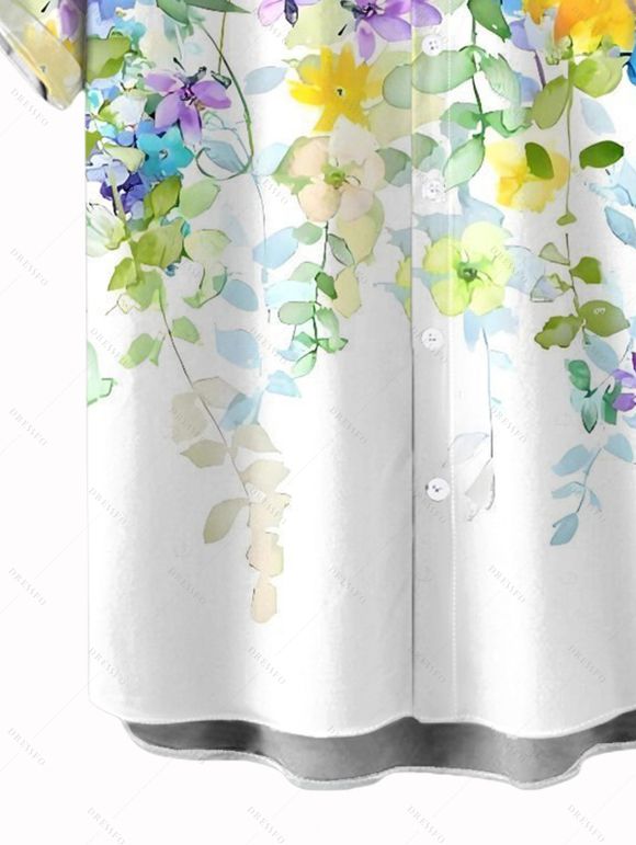 Vacation Couple Outfit Watercolor Wildflower Leaf Print Lace Hollow Out Slit Dress and Shirt Set - Blanc S | US 4