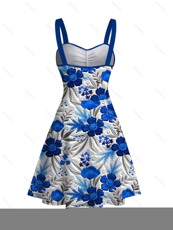 Robe de vacances texturée bleue à imprimé floral et ceinture froncée - Bleu profond XXXXXL | US 20