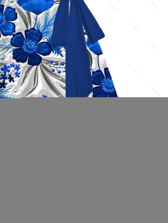 Robe de vacances texturée bleue à imprimé floral et ceinture froncée - Bleu profond XXXXXL | US 20
