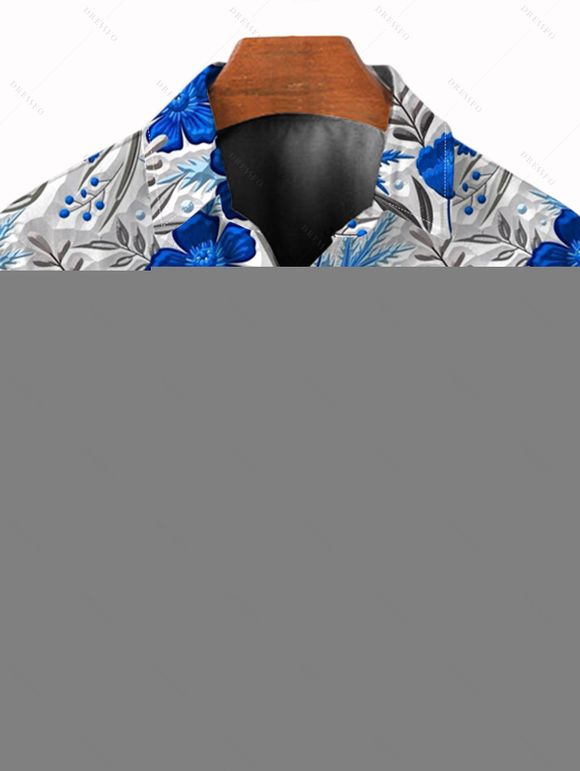 Chemise de vacances pour homme, texture bleue, imprimé floral, boutonnée - Bleu 5XL