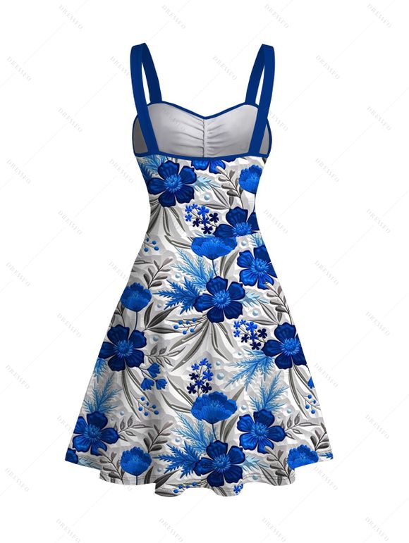 Vacation Couple Outfit Texture Blue Floral Print Ruched Belt Dress and Shirt Set - Bleu S | US 4