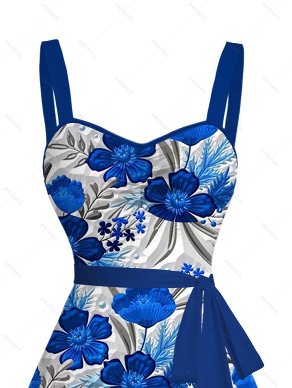 Vacation Couple Outfit Texture Blue Floral Print Ruched Belt Dress and Shirt Set - Bleu S | US 4