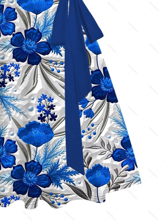 Vacation Couple Outfit Texture Blue Floral Print Ruched Belt Dress and Shirt Set - Bleu S | US 4