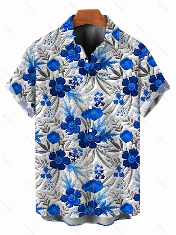 Vacation Couple Outfit Texture Blue Floral Print Ruched Belt Dress and Shirt Set - Bleu S | US 4