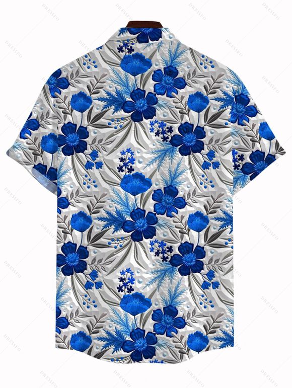 Vacation Couple Outfit Texture Blue Floral Print Ruched Belt Dress and Shirt Set - Bleu S | US 4