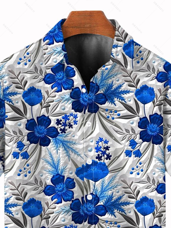 Vacation Couple Outfit Texture Blue Floral Print Ruched Belt Dress and Shirt Set - Bleu S | US 4