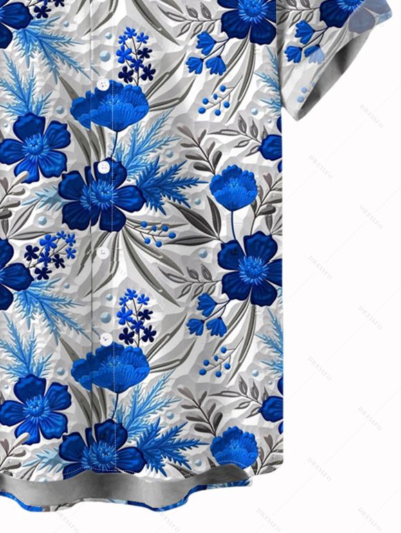 Vacation Couple Outfit Texture Blue Floral Print Ruched Belt Dress and Shirt Set - Bleu S | US 4