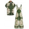 Vacation Couple Outfit Tropical Leaf Silhouette Print Twisted Wide Leg Jumpsuit and Shirt Set - PLANT GREEN S | US 4
