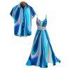Vacation Couple Outfit Abstract Fluid Swirl Pattern Hollow Out Slit Dress and Shirt Set - Bleu S | US 4