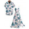 Vacation Couple Outfit Azalea Floral Print Lace Hollow Out Slit Dress and Shirt Set - Rose clair S | US 4