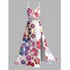 Vacation Couple Outfit Watercolor Hibiscus Print Lace Hollow Out Slit Dress and Shirt Set - Rose clair S | US 4