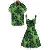 St.Patrick's Day Couple Outfit 3D Four-Leaf Clover Pattern Ruched Bust Dress and Shirt Set - PLANT GREEN S | US 4