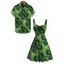 St.Patrick's Day Couple Outfit 3D Four-Leaf Clover Pattern Ruched Bust Dress and Shirt Set - PLANT GREEN S | US 4