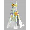 Robe de vacances imprimée aquarelle de feuilles de fleurs sauvages, dentelle ajourée et fendue - Blanc XXXXXL | US 20