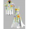 Vacation Couple Outfit Watercolor Wildflower Leaf Print Lace Hollow Out Slit Dress and Shirt Set - Blanc S | US 4
