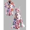 Vacation Couple Outfit Watercolor Hibiscus Print Lace Hollow Out Slit Dress and Shirt Set - Rose clair S | US 4