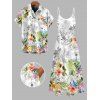 Hawaiian Couple Outfit Hibiscus Leaf Print Spaghetti Strap Long Dress and Shirt Set - Blanc S | US 4
