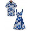 Vacation Couple Outfit Texture Blue Floral Print Ruched Belt Dress and Shirt Set - Bleu S | US 4