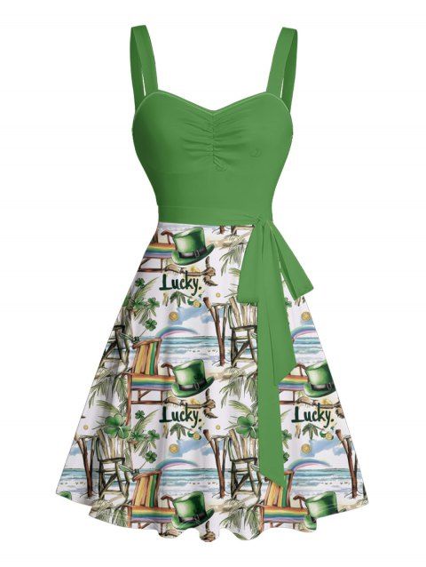 Robe de la Saint-Patrick à imprimé tropical porte-bonheur et ceinture froncée