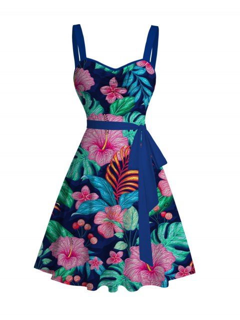 Robe de vacances à motif floral tropical hibiscus monstera et ceinture froncée