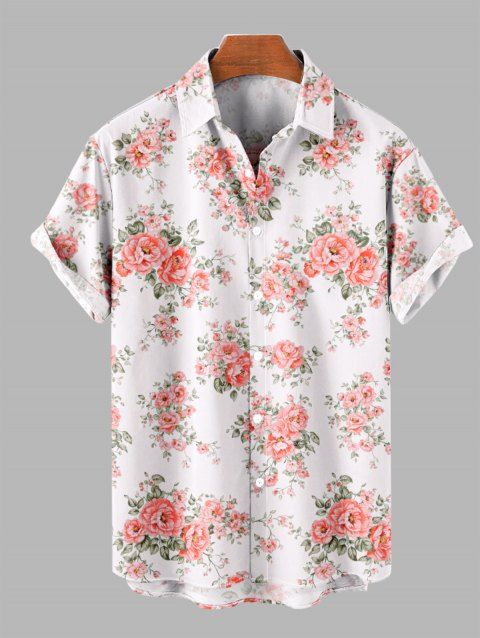 Chemise de vacances pour homme, imprimé feuilles de rose, boutonnée