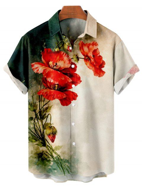 Chemise de vacances pour homme, style vintage, imprimé floral coquelicot aquarelle, boutonnée