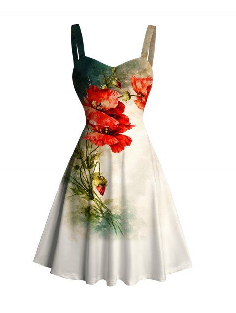 Robe de vacances vintage à imprimé floral aquarelle coquelicots, buste froncé