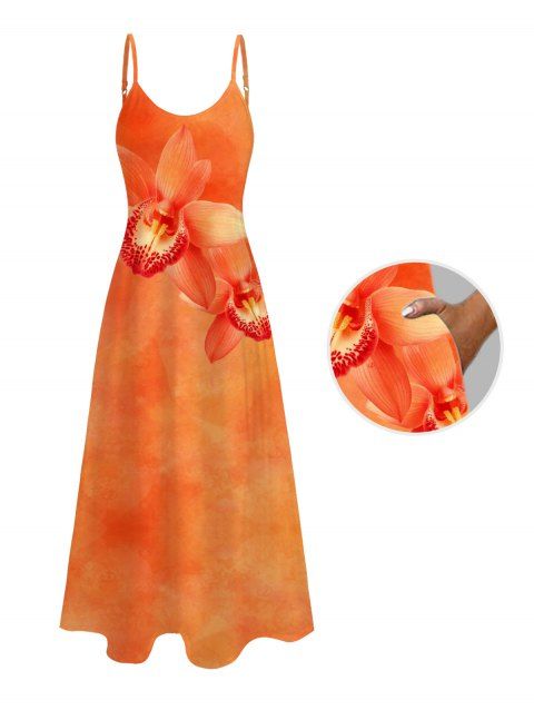 Robe de vacances longue à poches et imprimé floral tropical orchidée