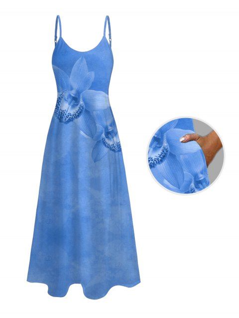 Robe de vacances longue à poches et imprimé floral tropical orchidée