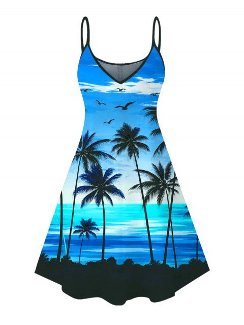 Robe de vacances à imprimé coucher de soleil tropical avec cocotiers et bretelles spaghetti