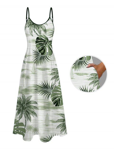 Robe de vacances longue à poches, imprimée feuilles de monstera et cocotier