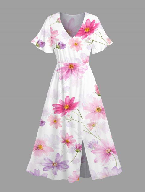 Robe de vacances fendue à imprimé floral aquarelle cosmos