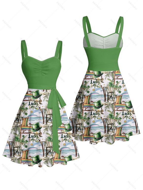Robe de la Saint-Patrick à imprimé tropical porte-bonheur et ceinture froncée - Vert clair XXXXXL | US 20