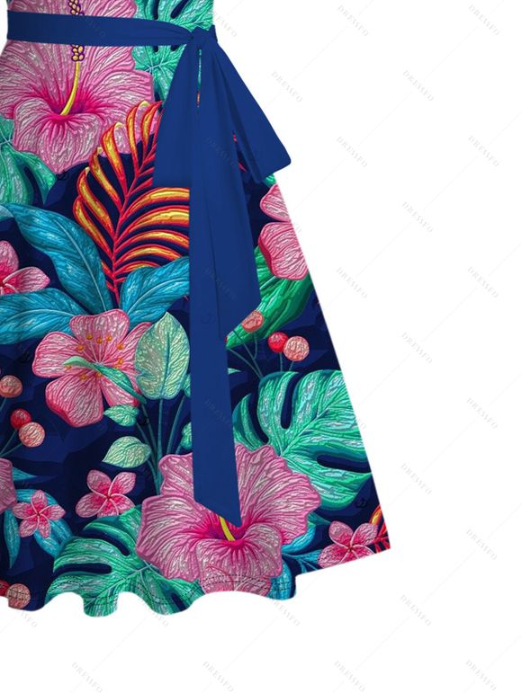 Robe de vacances à motif floral tropical hibiscus monstera et ceinture froncée - multicolor A XXXXXL | US 20
