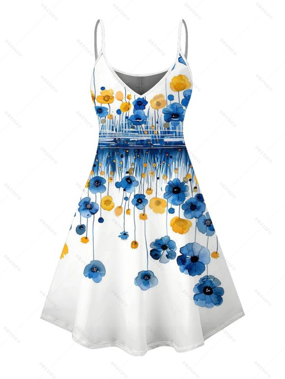 Vacation Couple Outfit Ombre Poppy Floral Pattern Spaghetti Strap Dress and Shirt Set - Bleu S | US 4