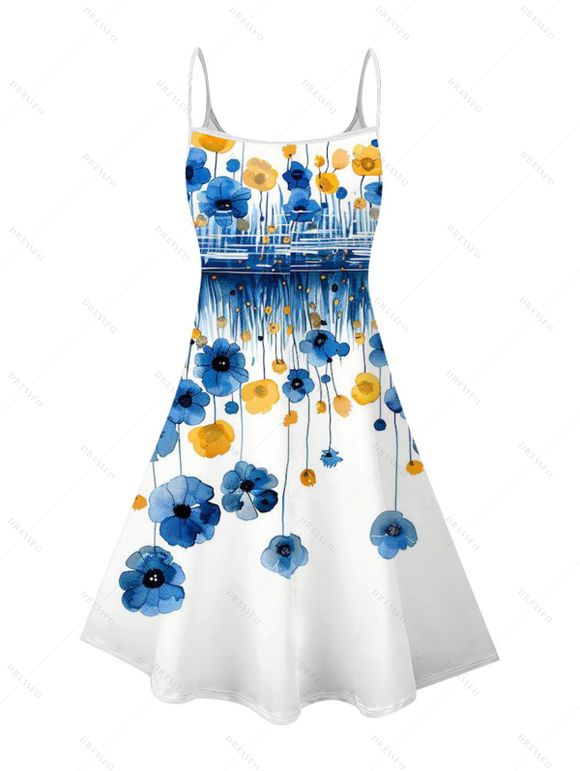 Vacation Couple Outfit Ombre Poppy Floral Pattern Spaghetti Strap Dress and Shirt Set - Bleu S | US 4