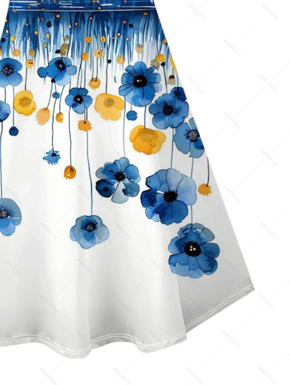 Vacation Couple Outfit Ombre Poppy Floral Pattern Spaghetti Strap Dress and Shirt Set - Bleu S | US 4