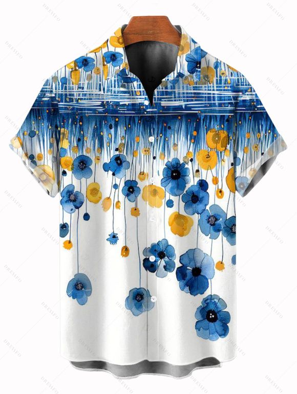 Vacation Couple Outfit Ombre Poppy Floral Pattern Spaghetti Strap Dress and Shirt Set - Bleu S | US 4
