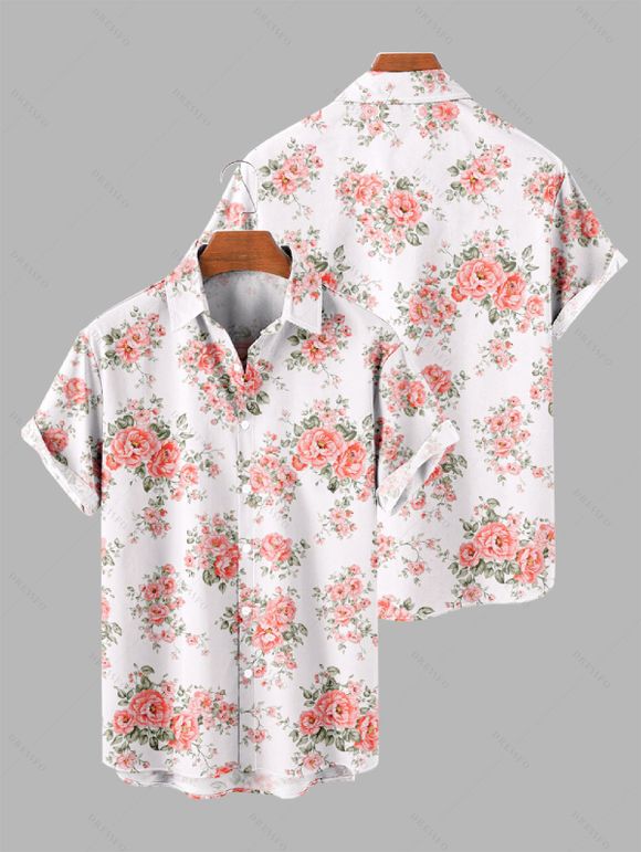 Chemise de vacances pour homme, imprimé feuilles de rose, boutonnée - Blanc 5XL